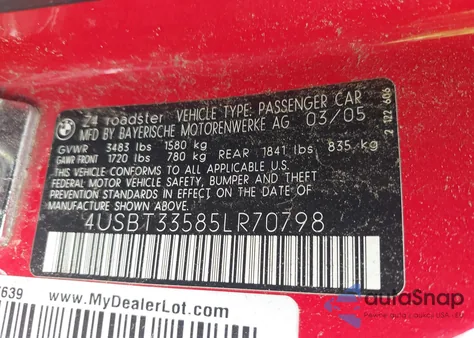 2005 BMW Z4 2.5I z USA, uszkodzony, nr VIN 4USBT33585LR70798